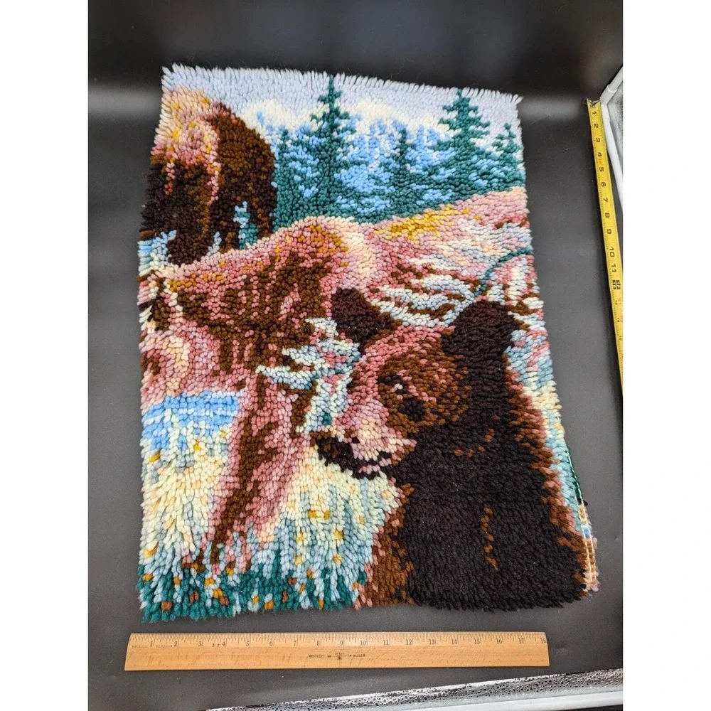 RARE VTG Latch Hook Rug Wall Hanging Moose Deer Bison Bear Mountain Lion Stream